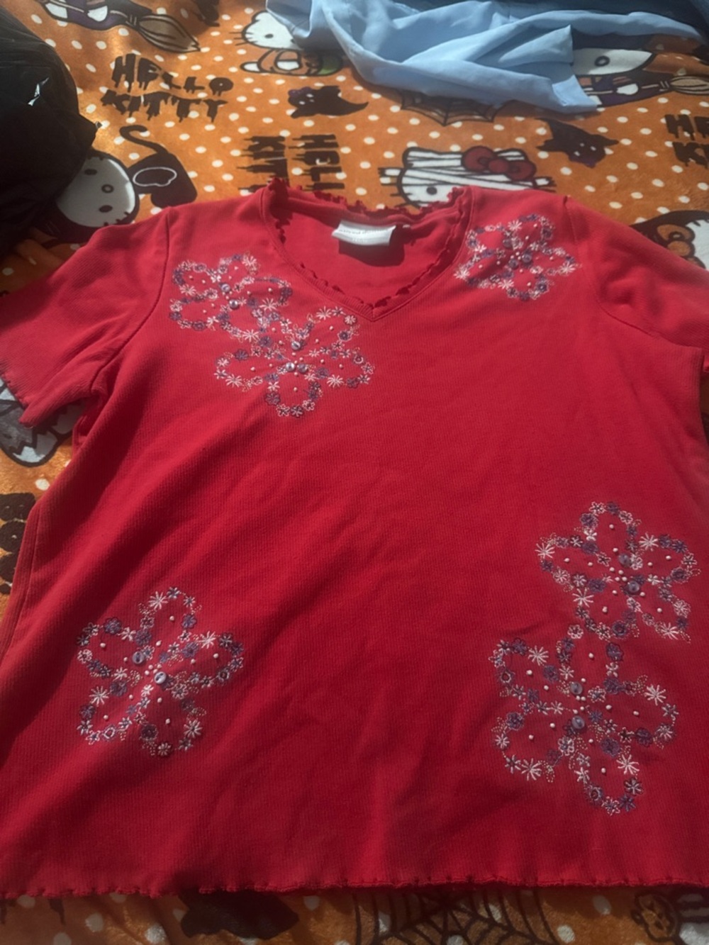 Alfred Dunner Red Floral Embellished Short Sleeve Top